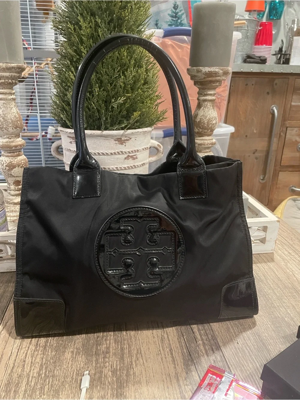 Tory Burch Black Nylon Tote with Patent Logo